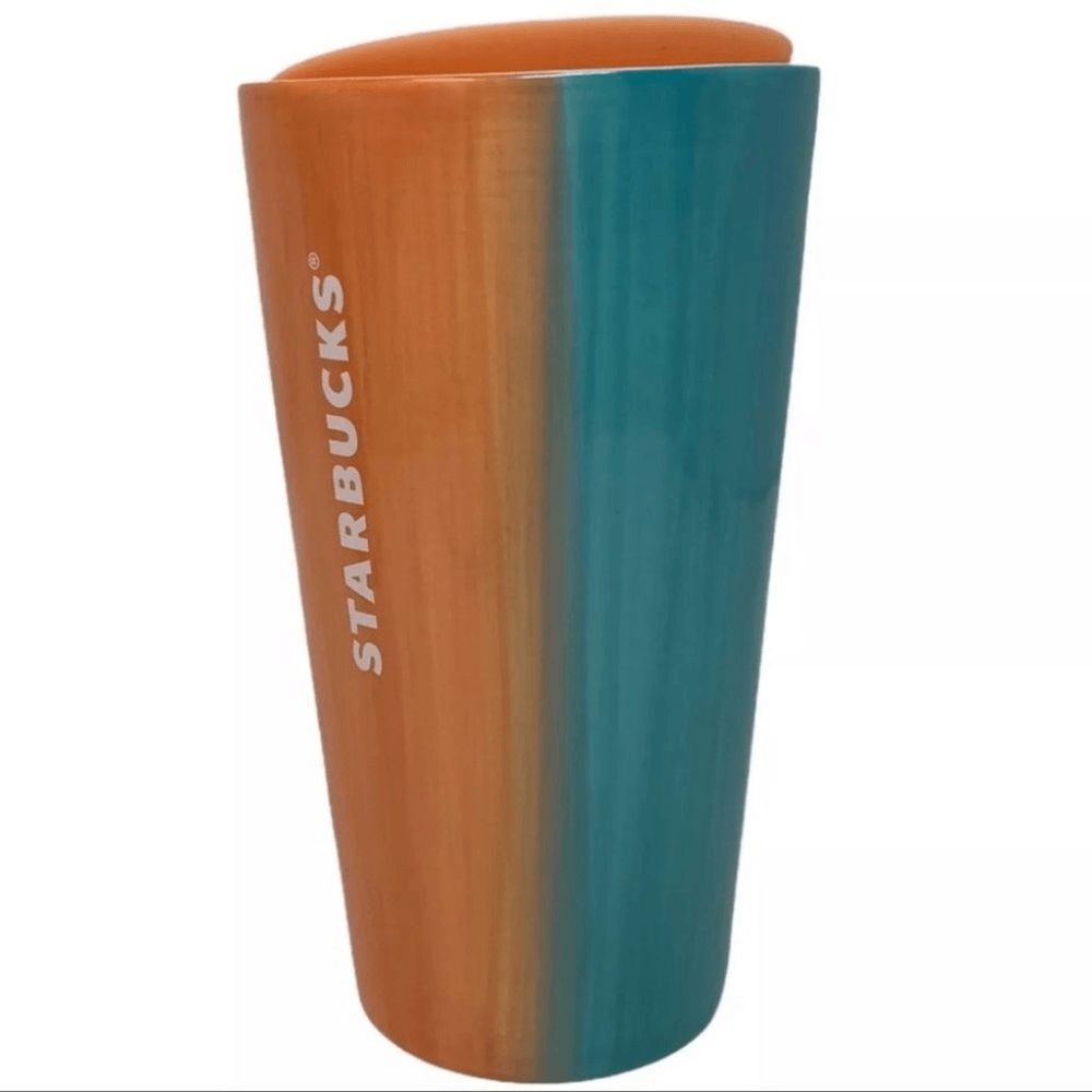 STARBUCKS 2020 CERAMIC 12 Oz - TRAVEL MUG W/ LID Green‎ Red Ombre Coffee Summer